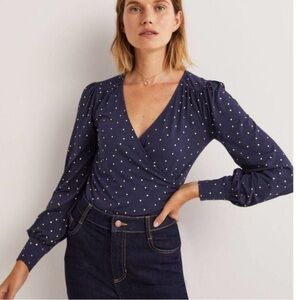 Boden Navy Wrap Blouse with Gold Dots